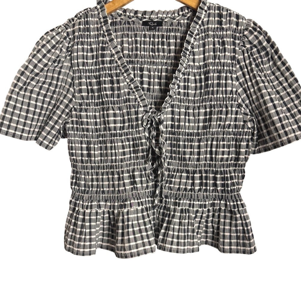 RAILS XL Portia Ash Seersucker Gingham Smocked Tie Front Top Black White Revolve